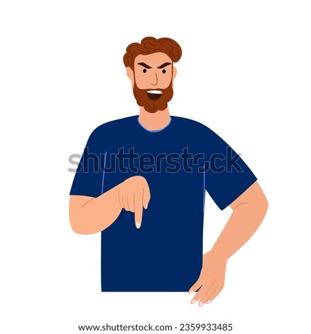 Angry Stern Man showing pointing demonstrative gesture with his finger.Agressive Despotic,Strict and tyrannous person.Disciplinarian sign. Flat graphic vector illustration isolated on white background