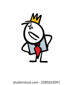 Angry stick figure character office worker in business suit boss looks rude on subordinate. Hand drawn vector illustration of man in king crown at work.