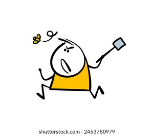 Angry stickman chasing insects. Vector illustration of aggressive man swinging a fly swatter, chasing a harmful animal. Isolated running character on white background.