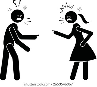 Angry stickman couple arguing with each other, simple black and white illustration showing conflict in a relationship.