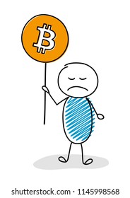 Angry stickman showing bitcoin icon. Vector.