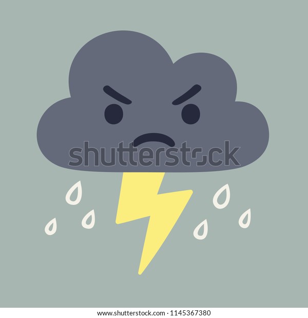 Angry storm cloud drawing with lightning and rain. Cute cartoon vector