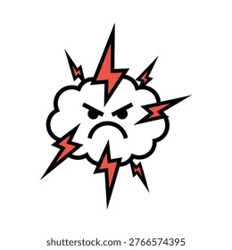 Angry storm cloud icon. Flat design illustration of a cloud with lightning and frustrated expression for anger and stress.