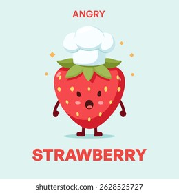 Angry strawberry cartoon character showing frustration, designed for emotional recognition education. Flat vector style ideal for teaching emotions to kids in classrooms and storybooks