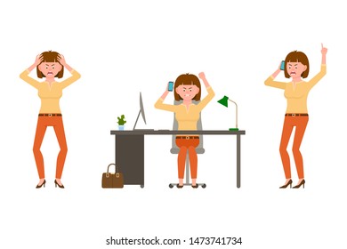 Angry, stressed, brown hair office woman in orange pants vector illustration. Talking on phone, shouting, sitting at desk girl cartoon character set