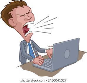 An angry stressed business man in a suit shouting at a laptop cartoon 