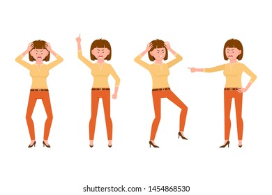 Angry, stressed, desperate brown hair young woman in orange pants vector illustration. Shouting, pointing finger, screaming girl cartoon character set