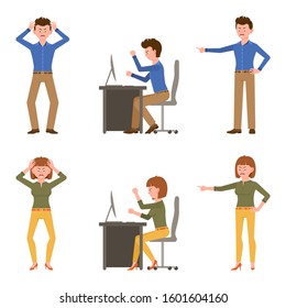 Angry, stressed, desperate office boy and girl vector illustration. Shouting, pointing finger, screaming, sitting at desk young male and female cartoon character set