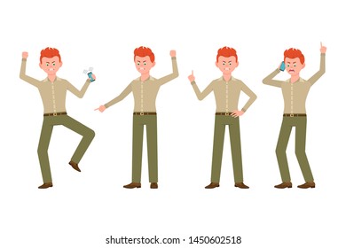Angry, stressed, desperate, unhappy red hair young man in green pants vector illustration. Shouting, pointing finger, talking on phone boy cartoon character set
