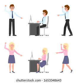 Angry, stressed, desperate, upset, sad office boy and girl vector illustration. Shouting, pointing finger, scolding, reproach, blaming male and female cartoon character set