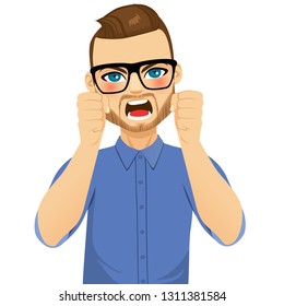 Angry stressed man shaking fists negative emotions face expression concept