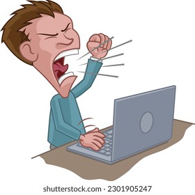 An angry stressed man shouting at a laptop cartoon 