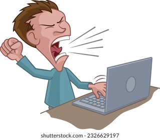 Ein wütender gestresster Mann schreit auf einen Laptop-Cartoon 