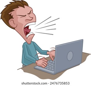 An angry stressed man shouting at a laptop cartoon 