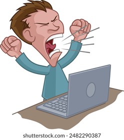 An angry stressed man shouting at a laptop cartoon 