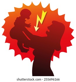 Angry And Stressed Mum With Crying Baby. Isolated Vector Illustration On White Background.