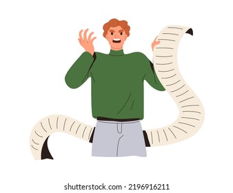 Angry stressed person with many tasks, long to-do list. Busy overloaded shocked man in panic with big paper, lot of plans, businesses, burden. Flat vector illustration isolated on white background