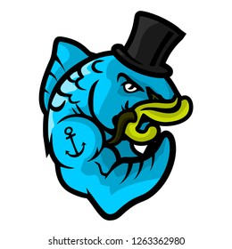 Angry strong blue Fish. Emblem of the vector illustration