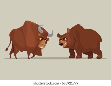 Angry Strong Bull And Bear Characters. Symbol Of Stock Market. Vector Flat Cartoon Illustration