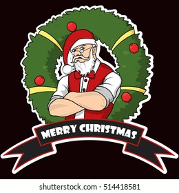 Angry and Strong Santa Claus Merry Christmas and Happy New Year Greeting Card Xmas Wreath Ribbon Print