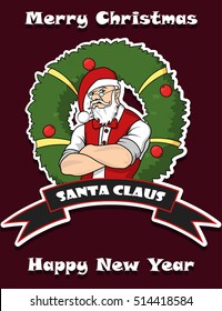 Angry and Strong Santa Claus Merry Christmas and Happy New Year Greeting Card Xmas Wreath Ribbon Print