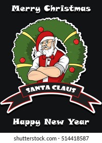 Angry and Strong Santa Claus Merry Christmas and Happy New Year Greeting Card Xmas Wreath Ribbon Print