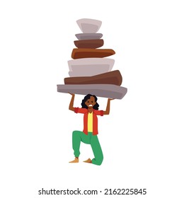Angry and strong woman carrying abstract heavy life burdens, flat vector illustration isolated on white background. Stressed cartoon character holding abstract problems over the head.