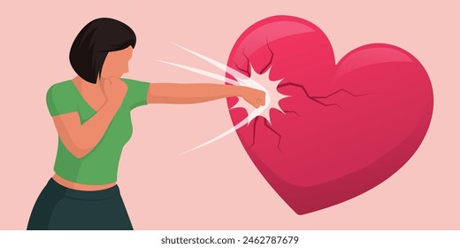 Angry strong woman punching a heart, relationships and feelings concept