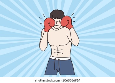 Angry strong young boxer man in shorts and gloves fight with opponent on ring. Aggressive focused sportsman boxing throwing punch. Championship, sport concept. Flat vector illustration. 
