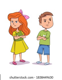 Angry stubborn kids. Mad girl and boy in quarrel with arms crossed. Sad little children in bad mood on white background. Expression of emotions and feelings vector illustration. 