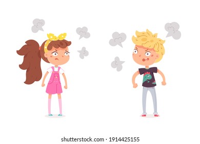 Niños obstinados enojados. Muchacha y muchacho muertos en disputa con los brazos cruzados. Niños pequeños y tristes de mal humor con antecedentes blancos. Expresión de emociones y sensaciones ilustración vectorial.