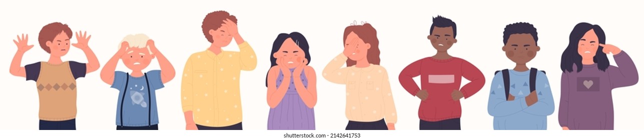 Angry and stubborn kids set vector illustration. Cartoon little girl and boy with sad frustrated and aggressive faces feeling stress and bad emotions, unhappy child with crossed arms isolated on white