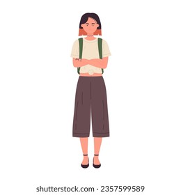 Angry student girl. Female pupil in standing pose, teen girl with backpack vector illustration