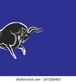 Angry stylized bull on blue background. Black and white strong bull silhouette. Bull head isolated. Bullfighting, logo, farm trademark, tattoo. Trending flat design. Hand-drawn vector illustration.