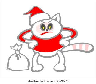 The angry stylized cat in christmas clothes with a bag of gifts on a white background.