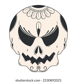 Angry sugar skull with jagged teeth in black and white, Vector