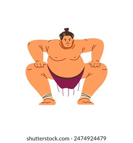 Luchador de sumo enojado de pie en posición de cuclillas. Combatir el arte marcial tradicional japonés y la actividad deportiva. Ilustración plana de Vector de carácter deportivo pesado aislado en blanco