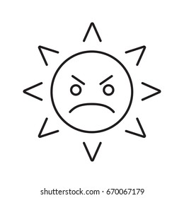 Angry sun linear icon. Bad mood thin line illustration. Emoticon contour symbol. Frowned sun face. Vector isolated outline drawing