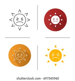 Angry sun smile icon. Flat design, linear and glyph color styles. Bad mood. Frowned sun face. Isolated vector illustrations