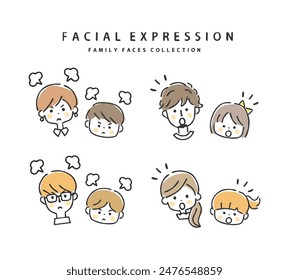 Angry and surprised faces of various parents and children.