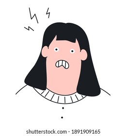 The angry, surprised tense face of a cute cartoon woman saying Oops. Powerful negative emotion, trouble. Thin outline vector illustration on white.