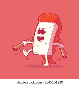 Angry sushi character vector illustration. Food, funny, brand design concept.