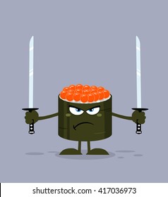 Angry Sushi Roll Cartoon Mascot Character Ready To Fight With Two Katana Swords. Vector Illustration Flat Style With Background