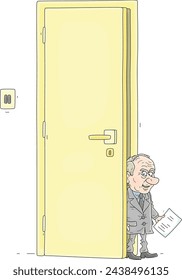 Angry and suspicious official with documents entering his office with a very high door and ceiling, vector cartoon illustration on a white background