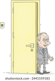 Angry and suspicious official in an old-fashioned grey business suit entering his office with a very high yellow door, vector cartoon illustration on a white background