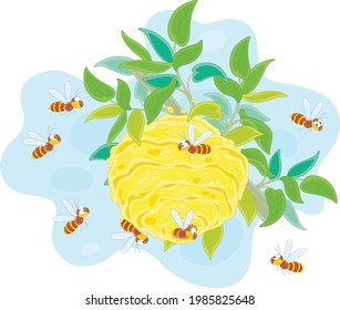 Angry swarm of striped wasps flying and buzzing around their hive on a branch in a summer forest, vector cartoon illustration isolated on a white background