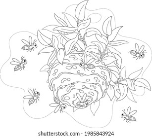 Angry swarm of striped wasps flying and buzzing around their hive on a branch in a summer forest, black and white outline vector cartoon illustration for a coloring book page