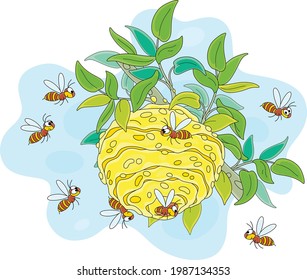 Angry swarm of striped wasps flying and buzzing around their hive on a branch in a summer forest, vector cartoon illustration isolated on a white background