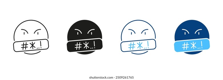 Angry jurando linha de emoticon e conjunto de ícones de silhueta. Pictograma De Emoção Negativa Do Cliente. Símbolo de Feedback Incorreto. Emoji Rude E Louco. Traço editável. Ilustração de vetor isolada.