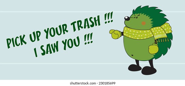 Angry but sweet looking green hedgehog with pointing finger,horizontal orientation,vector 